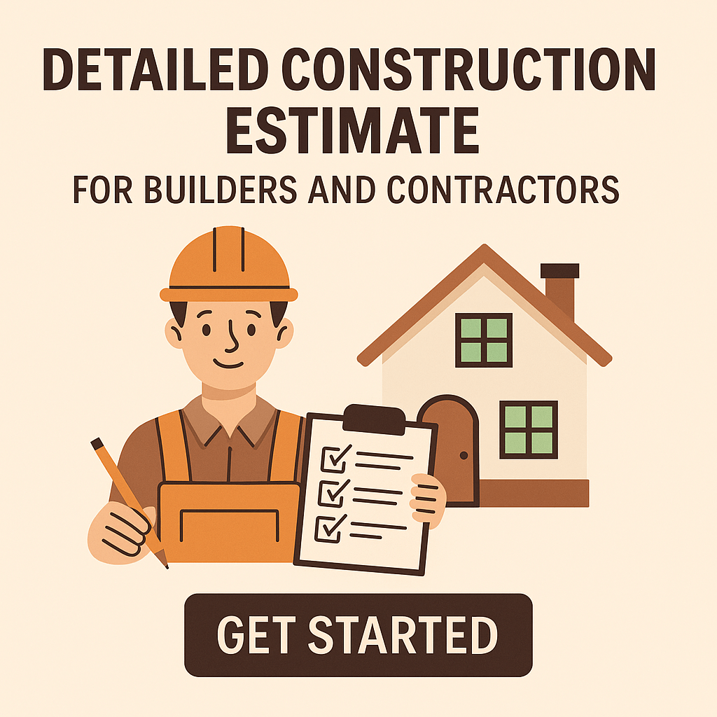 Illustration of a builder holding a checklist clipboard in front of a house, promoting a detailed construction estimate service for builders and contractors.