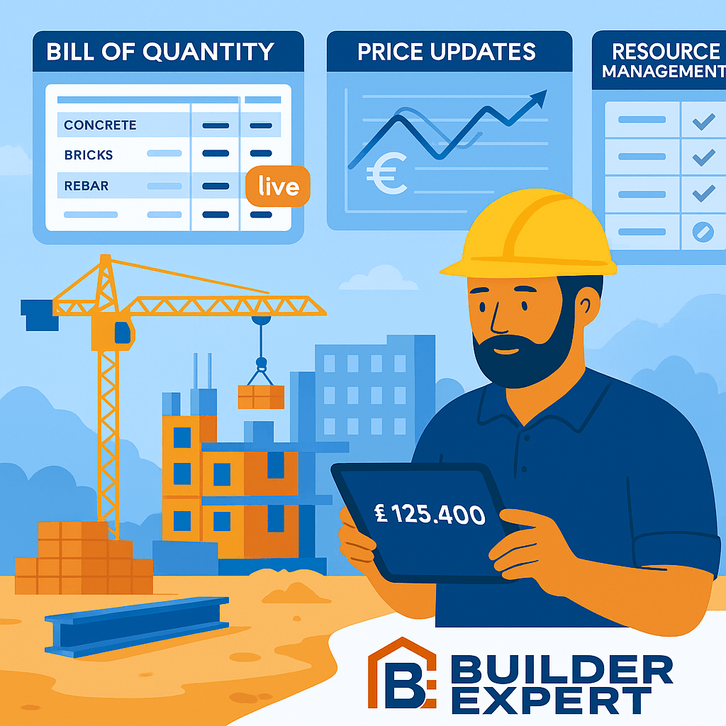 Illustration of a construction worker reviewing a digital estimate on-site, with visual overlays of a bill of quantity in construction planning, live price updates, and resource tracking, set against an active building site with cranes and materials.