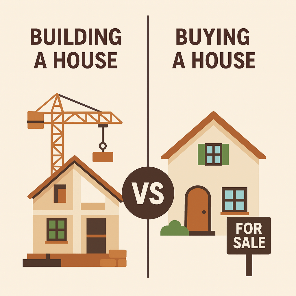 Illustration comparing the options to build or buy a house, with a construction site on one side and a completed home for sale on the other.