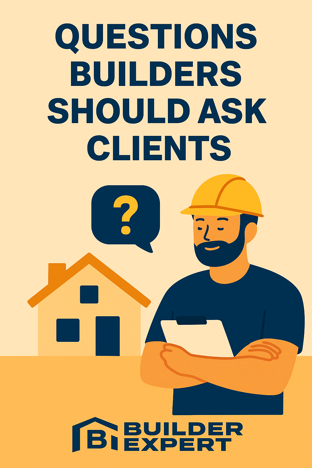 Flat-style digital illustration showing a builder and a client discussing project plans, symbolising clear communication and key questions builders should ask clients before construction begins.