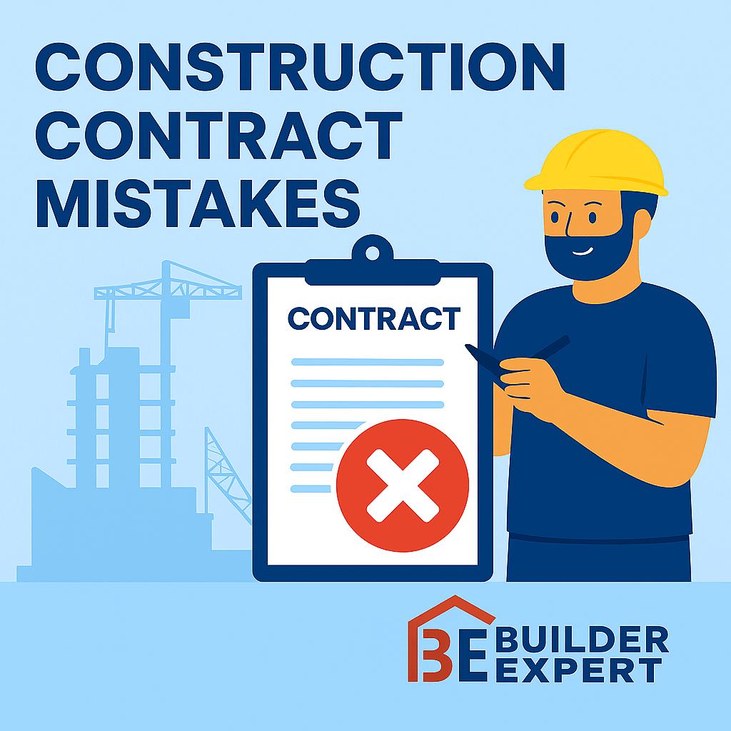 Flat-style digital illustration showing a construction worker holding a clipboard with an exclamation warning symbol, representing construction contract mistakes, with a partially built structure and Builder Expert logo in the background