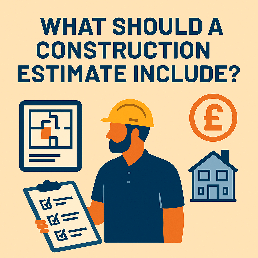 Flat-style digital illustration asking "What Should a Construction Estimate Include?", featuring icons for materials, labour, timelines, and pricing breakdowns—representing the key components of a professional construction estimate.