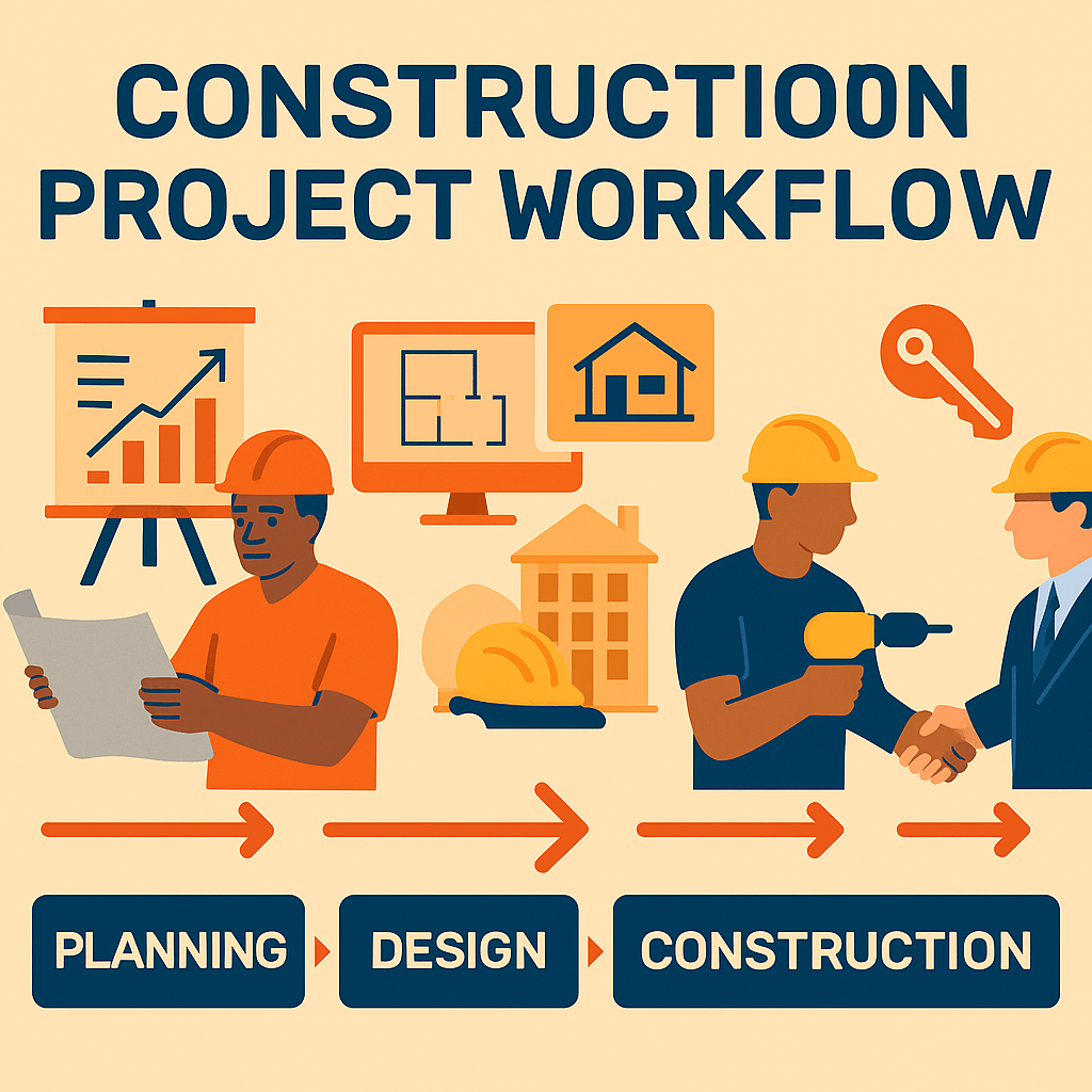 Flat-style digital illustration showing the construction project workflow, including key phases like estimating, planning, building, and handover, representing the structured process of construction management.