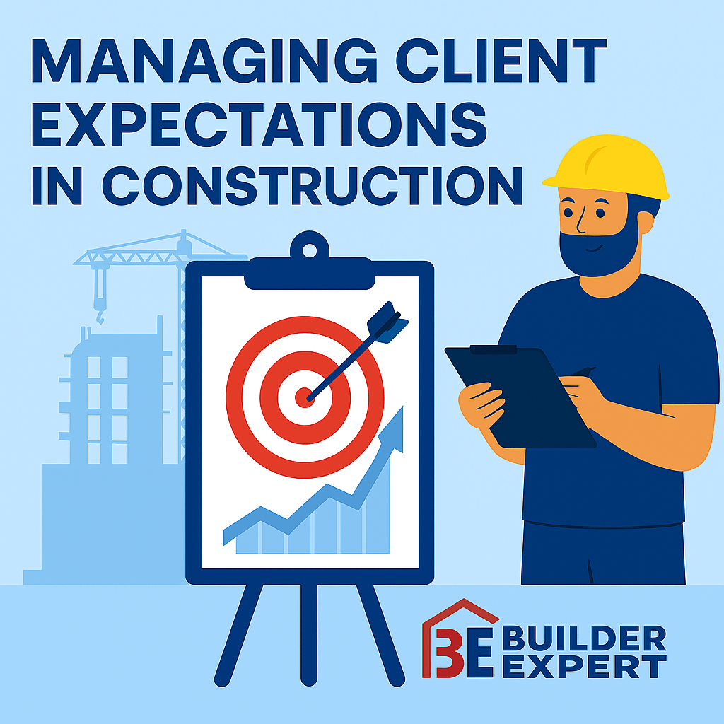 2D digital illustration showing a builder holding a plan while discussing a project with a client, representing managing client expectations in construction, with Builder Expert branding and blueprint visuals in the background