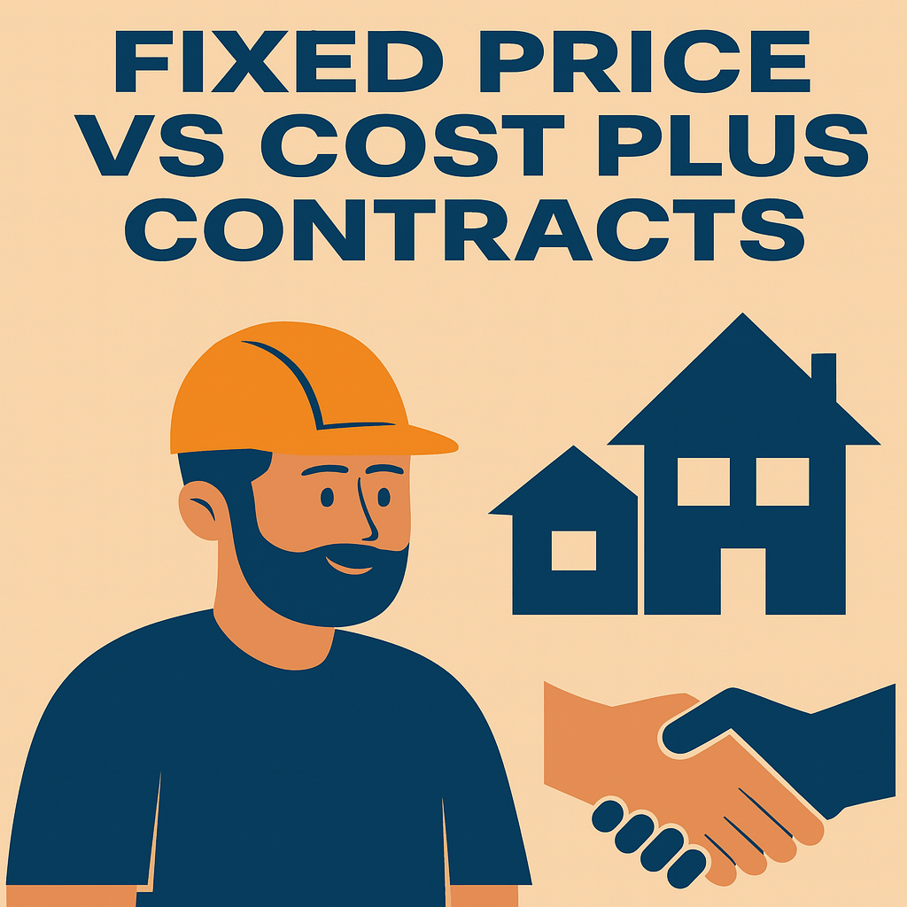 Illustration showing a builder with a hard hat, house icons, and a handshake symbol representing the concept of Fixed Price vs Cost Plus Contracts in construction.