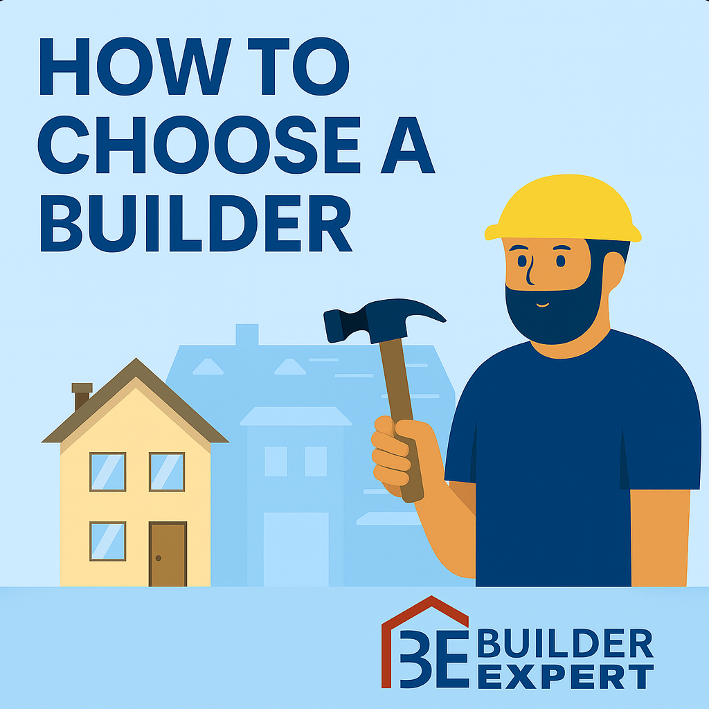 How to choose a builder – flat-style illustration showing a construction worker in a yellow helmet holding a hammer, standing next to a house with faint outlines of other homes in the background and the Builder Expert logo below.