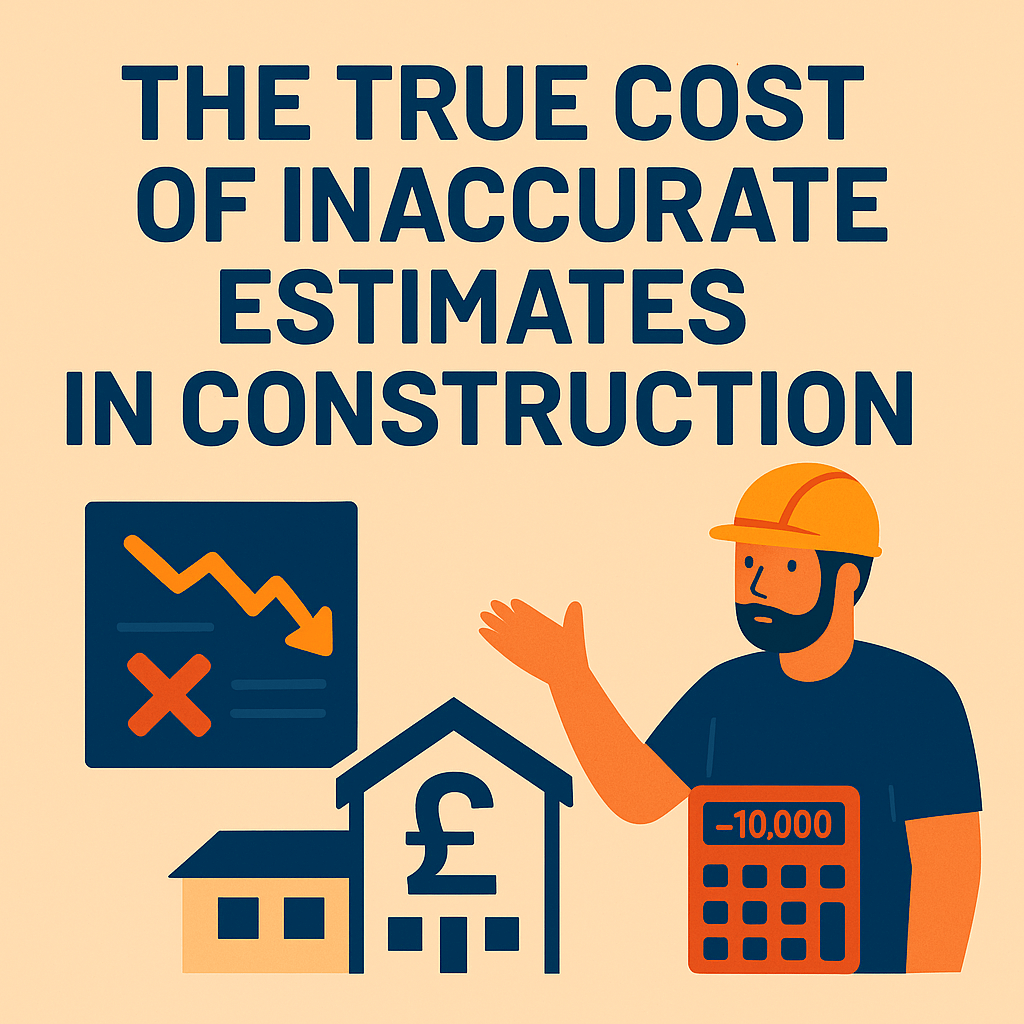 Illustration showing the cost of inaccurate construction estimates, with a frustrated builder on-site surrounded by material overruns, delays, and budget charts.