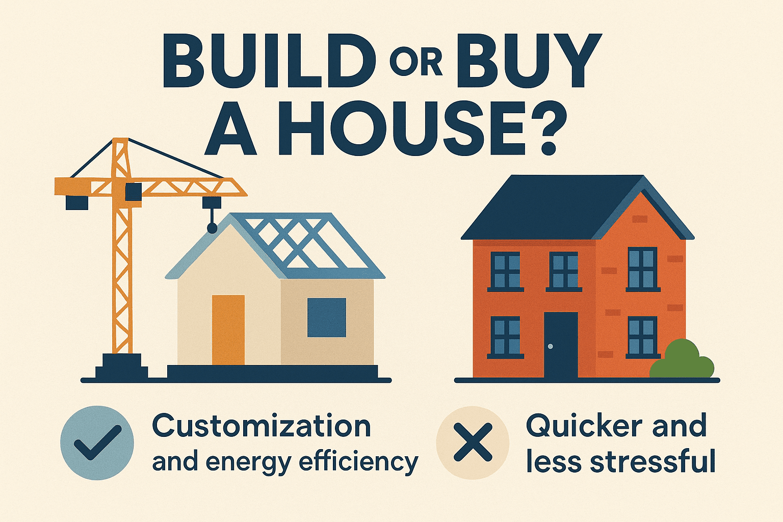 Is It Cheaper to Build or Buy a House in the UK? 2 Infographic showing key benefits when deciding whether to build or buy a house, highlighting customisation and energy efficiency versus speed and ease.