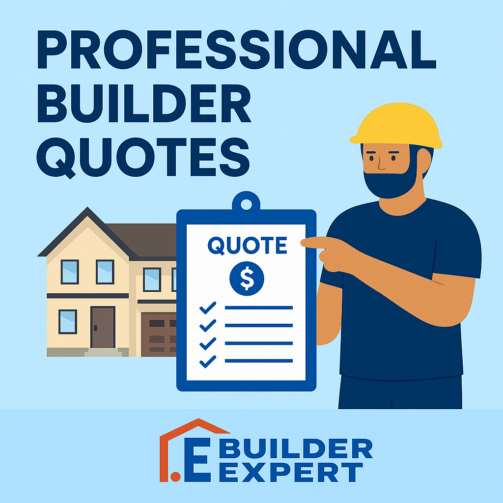 Professional builder quotes – digital illustration featuring a builder holding a clipboard labeled 'Quote' next to a modern house, representing Builder Expert’s accurate and professional building quote services.
