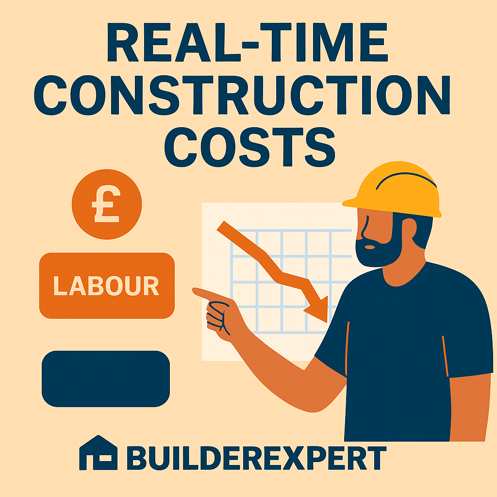 "Square infographic showing a builder pointing to a cost chart, illustrating the importance of Real Time Construction Costs for accurate estimating in construction."