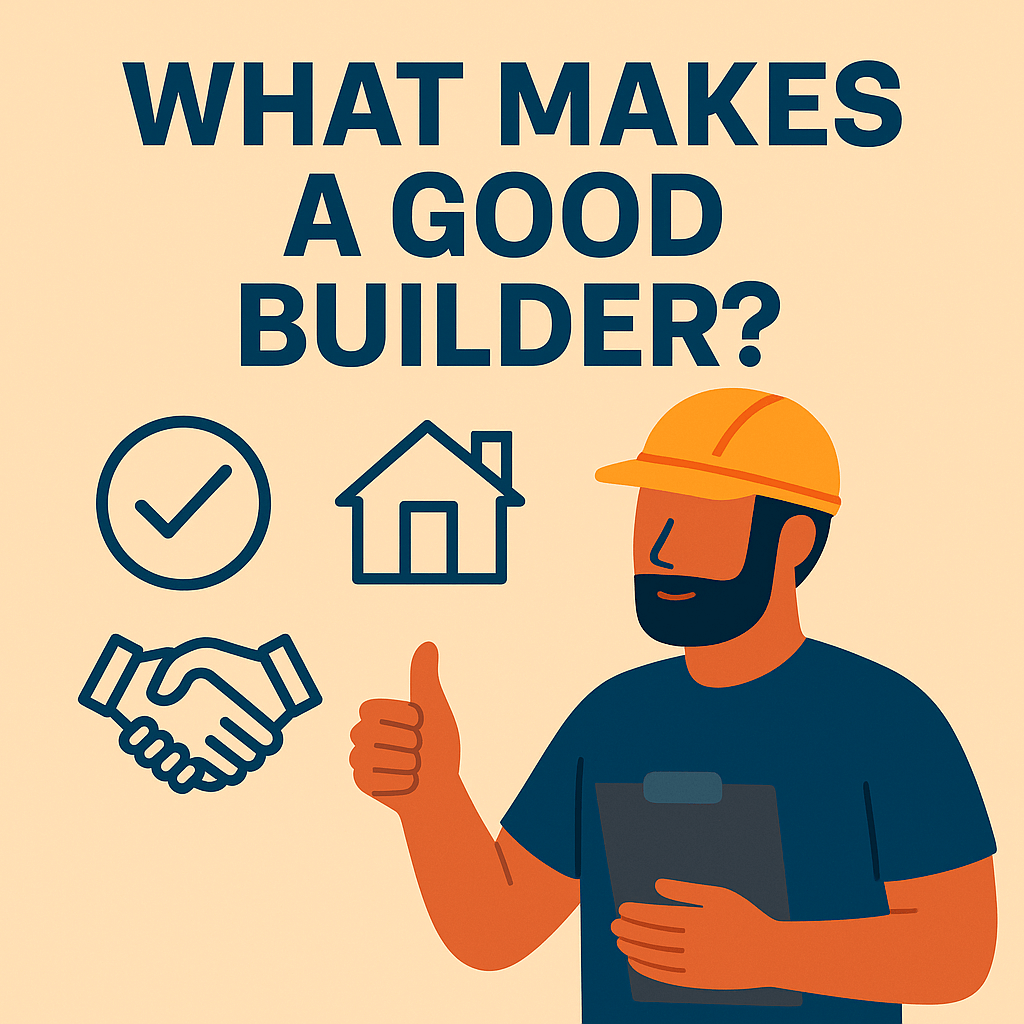 Illustration exploring what makes a good builder, featuring a professional holding plans, communicating with clients, and working alongside a well-organised construction team on-site.