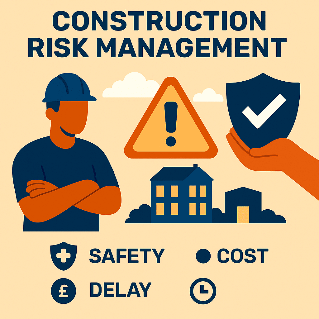 Construction Risk Management: How to Spot and Solve Problems Before They Delay Your Build 1 Illustration depicting construction risk management strategies, including safety measures, financial risk planning, and project compliance monitoring.