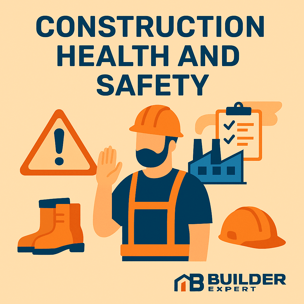 Construction Health and Safety: Why It Matters More Than Ever in UK Projects 1 Illustration highlighting construction health and safety, showing builders wearing helmets, safety vests, and protective gear, with hazard signs and safety checks on-site.