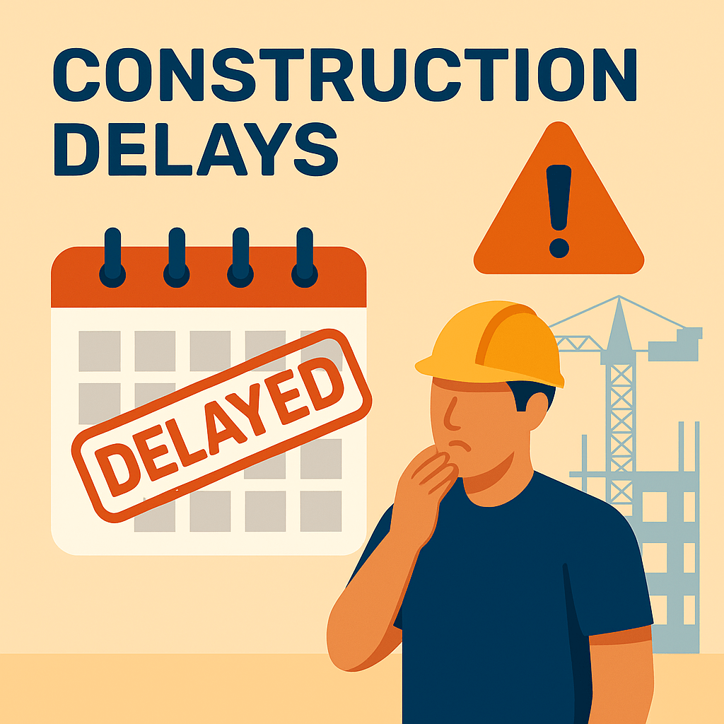 Common Causes of Construction Delays — And How to Avoid Them 1 Illustration highlighting construction delays, showing stalled building work, paused equipment, and time-related issues that impact UK construction projects.