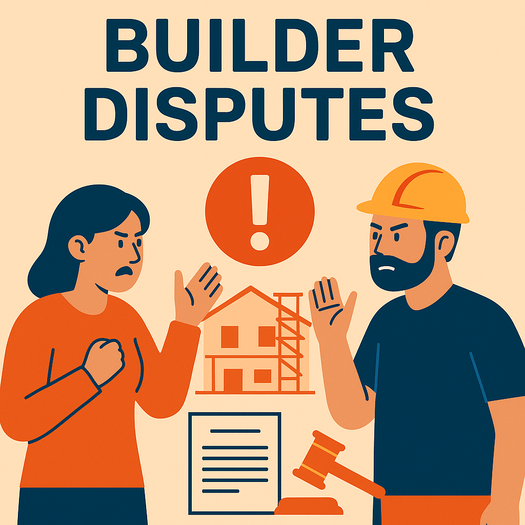 Illustration representing builder disputes, showing a tense scene between a homeowner and builder over plans, contracts, and misunderstandings—highlighting the need for clear communication and documentation.