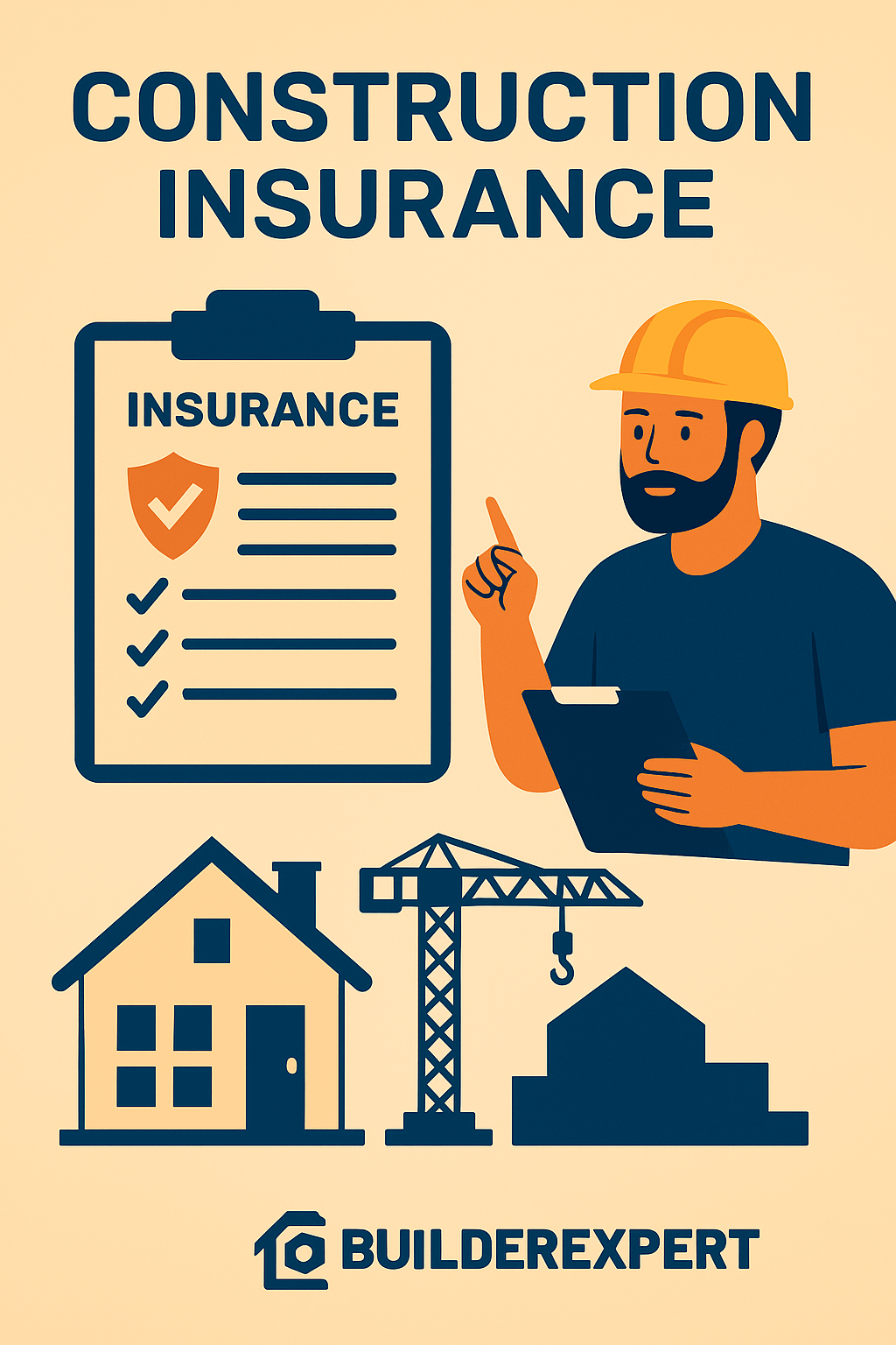 Construction Insurance Explained: Protecting Your Projects and Profits 1 Illustration promoting construction insurance, showing builders reviewing documents, shields, and financial symbols to represent protection against risks in building projects.