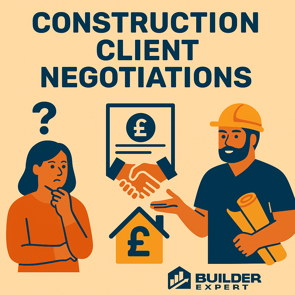 Illustration showing construction client negotiations, with builders and clients discussing contracts, timelines, and project terms around a meeting table.