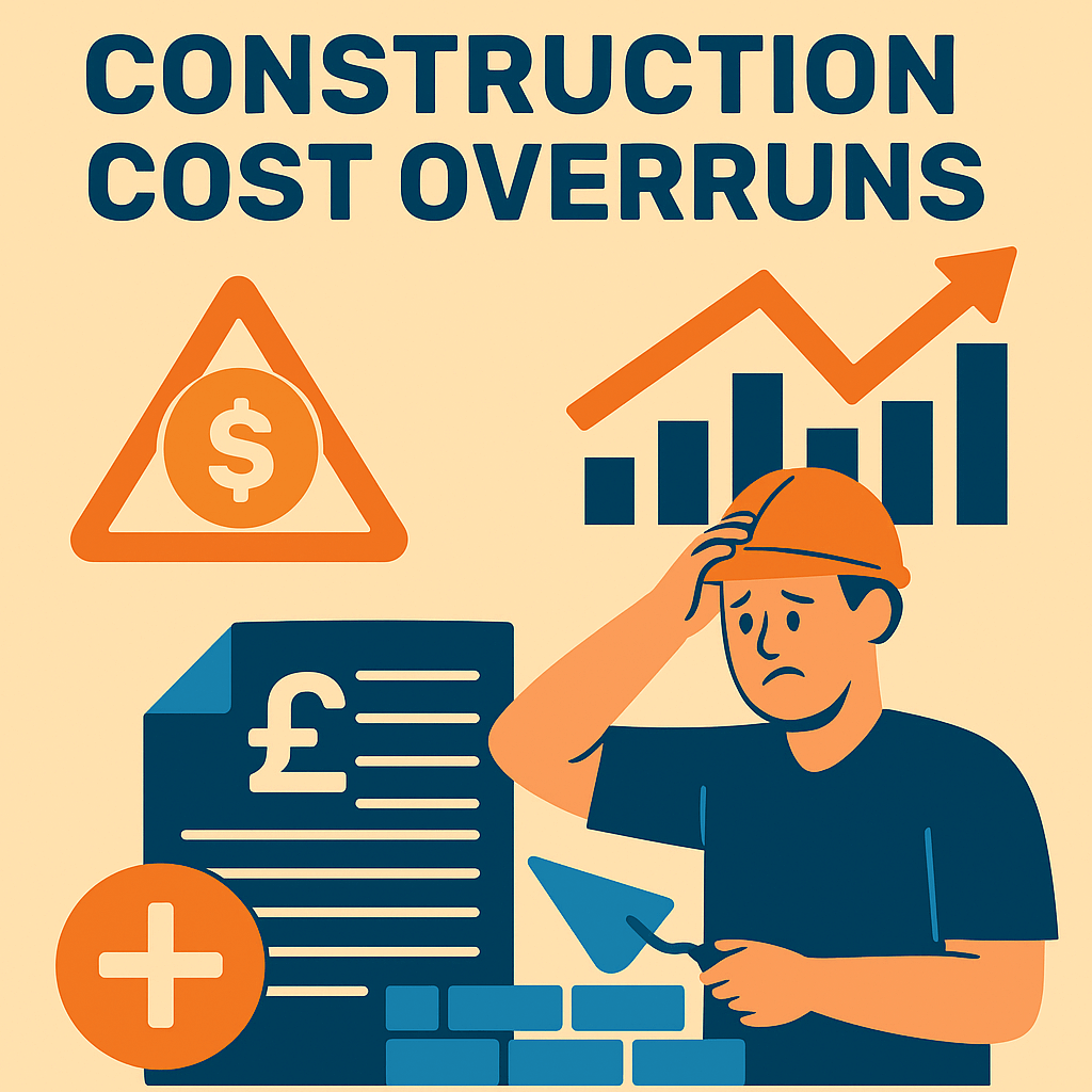 Illustration showing construction cost overruns, featuring rising expenses, budget charts, and builders dealing with unexpected project costs.