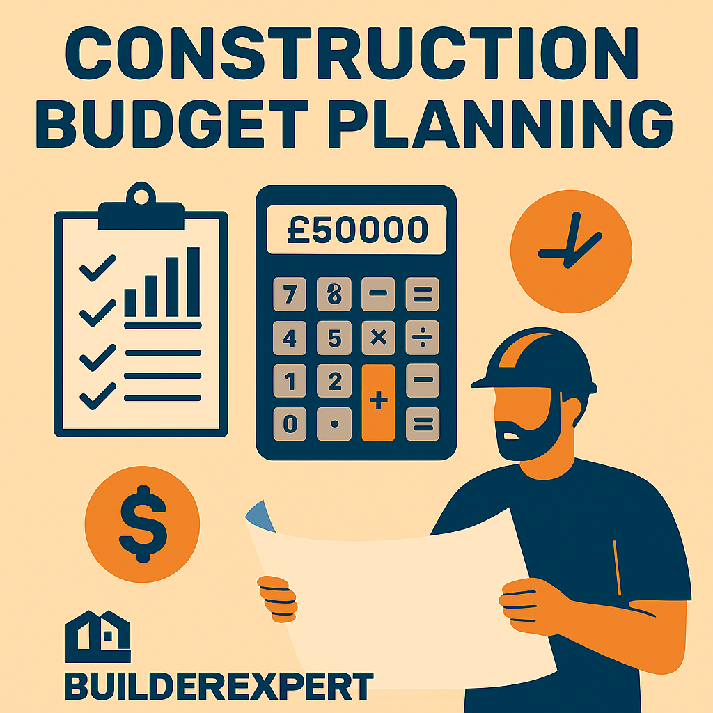 Illustration showing construction budget planning, with charts, calculators, and builders reviewing project costs to ensure financial control.