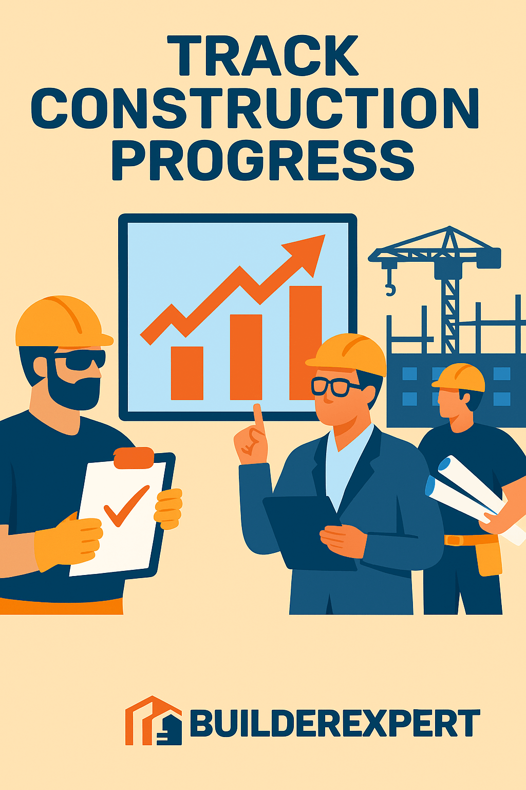 How to Track Construction Progress and Keep Your Project on Schedule 1 Flat-style digital illustration showing tools, charts, and workers used to track construction progress , highlighting monitoring and timeline management in building projects.