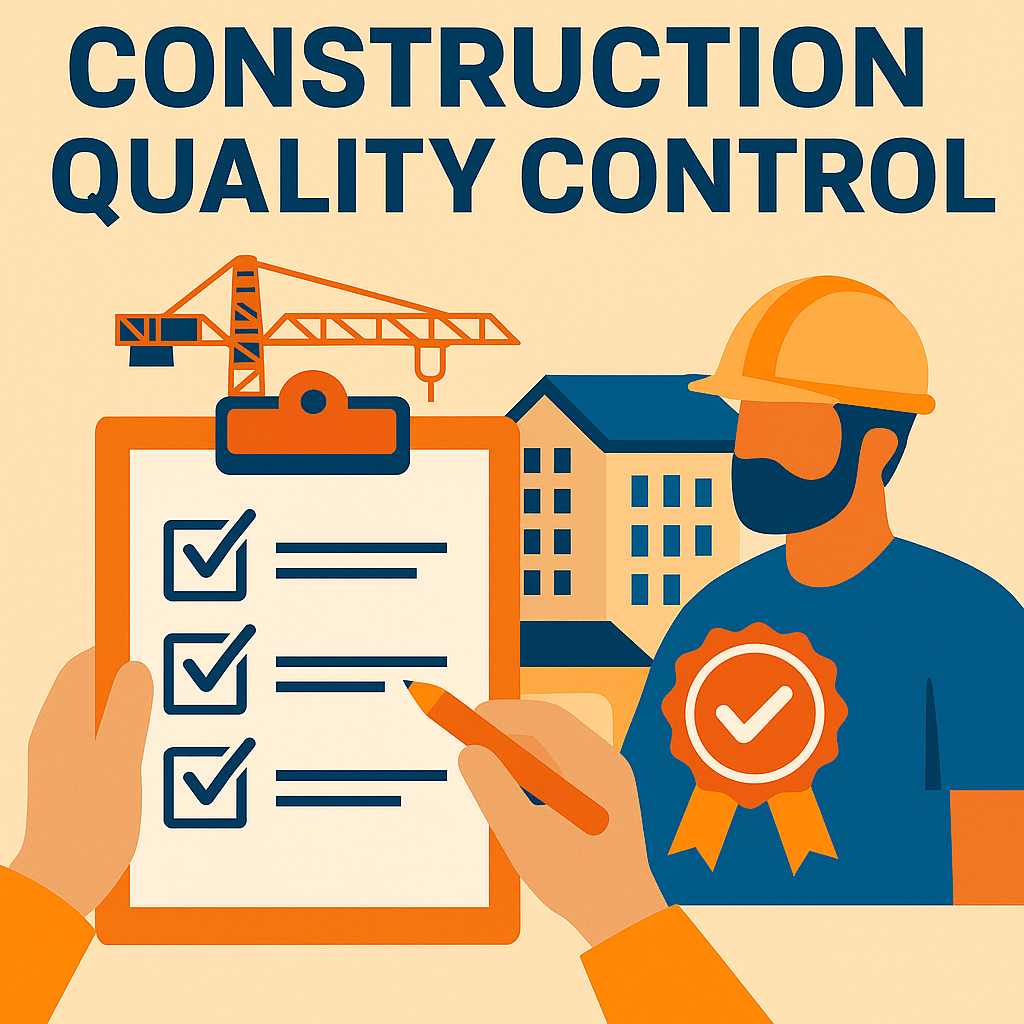 Illustration highlighting construction quality control, showing builders inspecting work, checking standards, and ensuring compliance with building regulations.