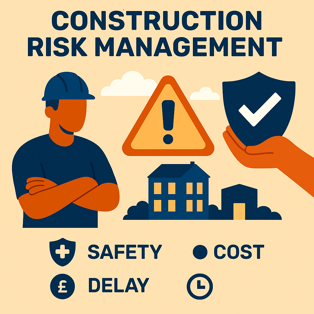 Illustration depicting construction risk management strategies, including safety measures, financial risk planning, and project compliance monitoring.
