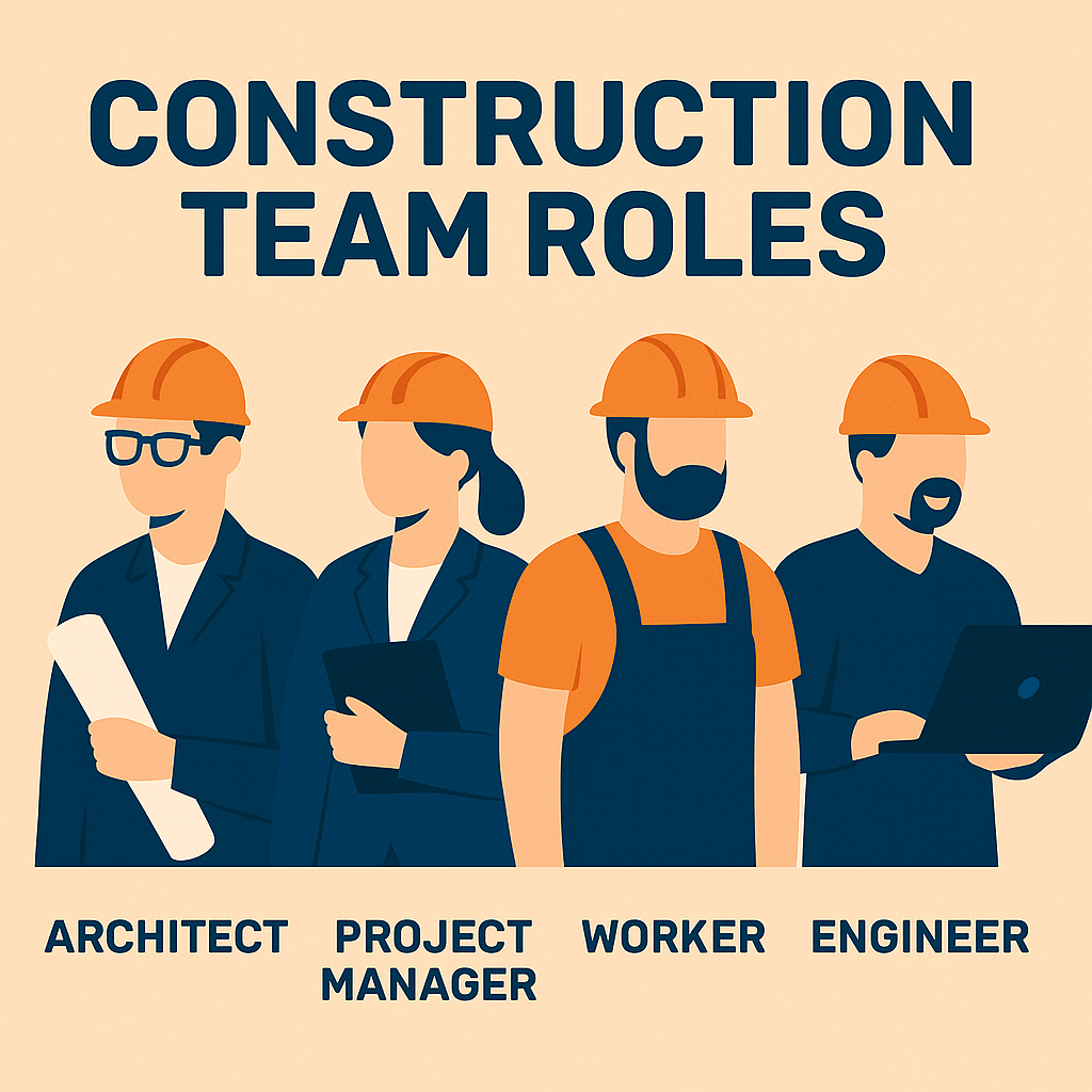 Illustration showcasing key construction team roles, with professionals like project managers, architects, contractors, and engineers aligned in a clear layout to represent collaboration in a building project.