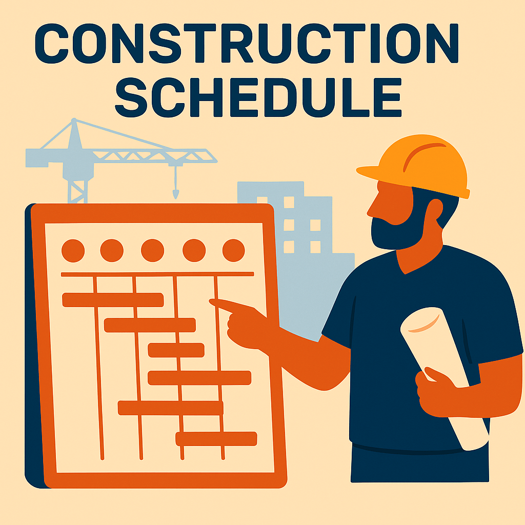 How to Create a Realistic Construction Schedule That Actually Works 1 Illustration representing a detailed construction schedule, with task timelines, planning charts, and coordinated building activities for efficient project management.
