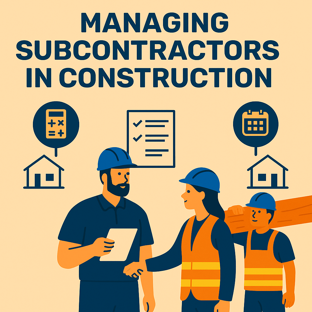 Managing Subcontractors in Construction: A Guide for UK Builders 1 Illustration showing managing subcontractors in construction, with a main contractor coordinating subcontractors on-site using checklists, task assignments, and project schedules.