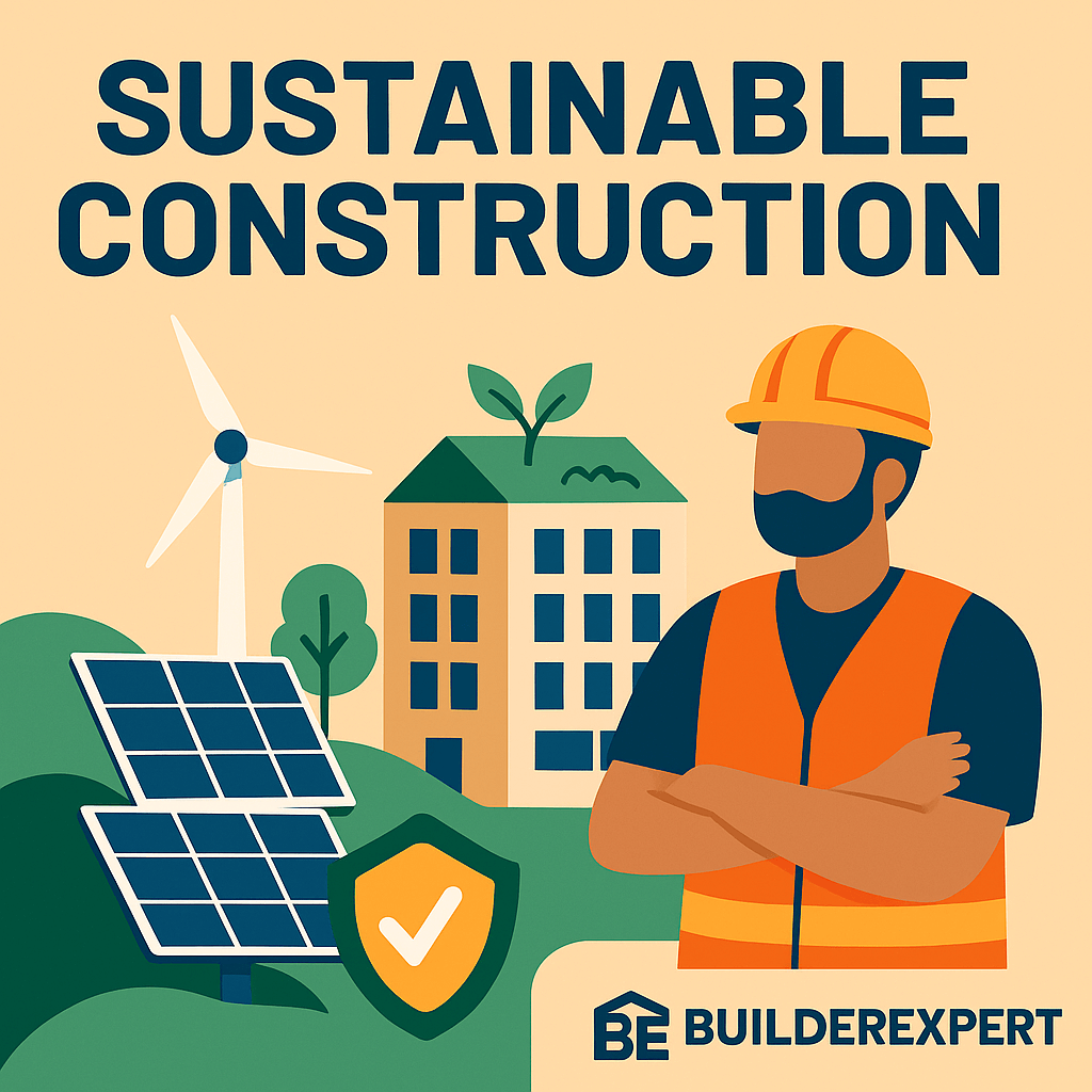 Green Building in the UK: Why Sustainable Construction Is the Future 1 Illustration highlighting sustainable construction, showing eco-friendly buildings with solar panels, green roofs, and builders using renewable materials and recycling practices.