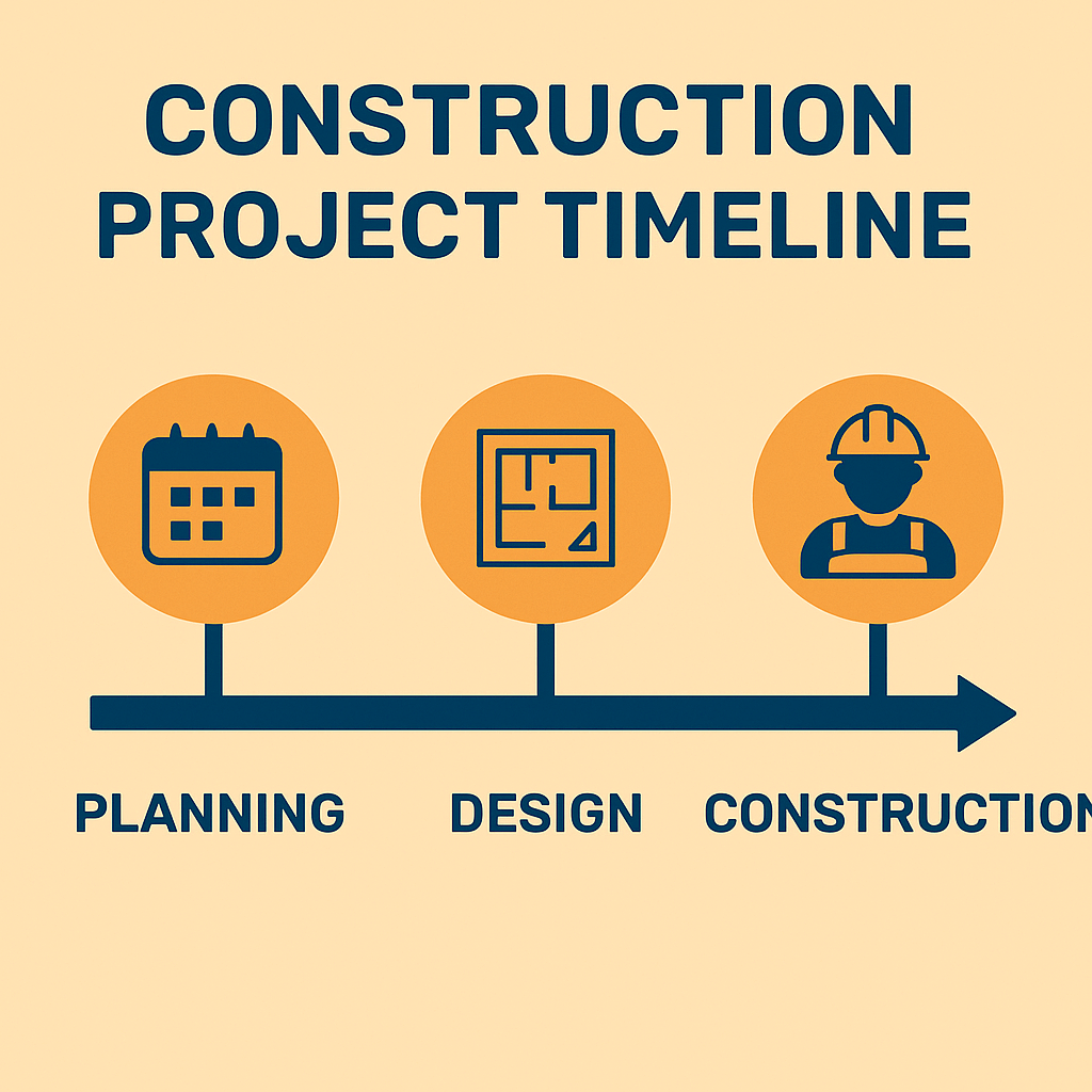 Illustration showing a construction project timeline, featuring clear stages such as planning, estimating, building, and handover — helping UK builders visualise project phases from start to finish.
