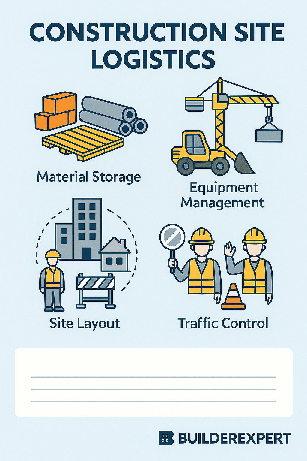 Construction Site Logistics in the UK: Keeping Projects on Track 1 Flat-style illustration showing construction site logistics, with organised material storage, delivery trucks, cranes, and workers coordinating movement to ensure efficient site operations.