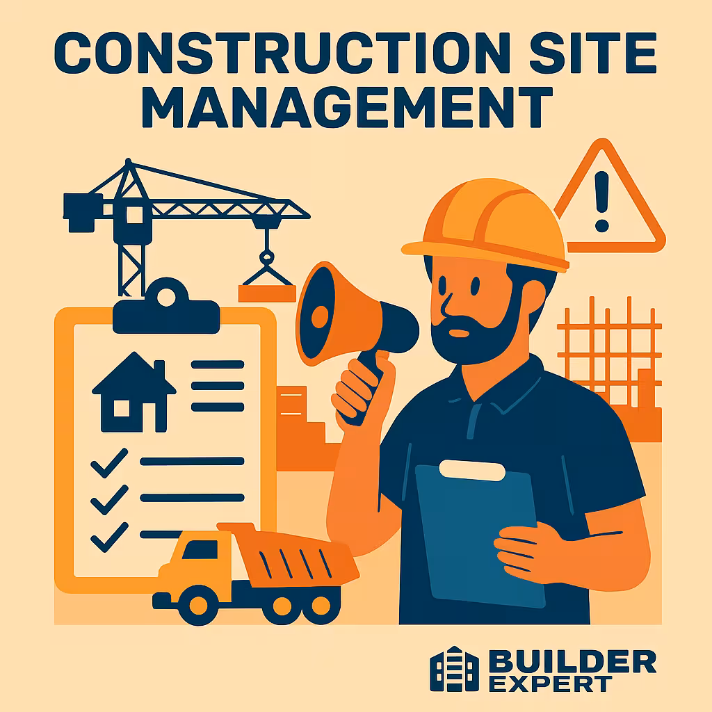 Construction Site Management: Best Practices for UK Builders 1 Illustration showing construction site management, with a site manager overseeing workers, machinery, safety signs, and schedules to ensure efficiency and safety on building projects.