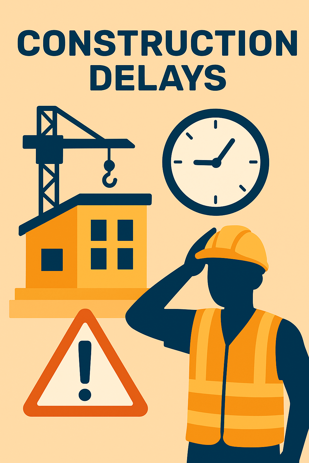 Construction Delays: Causes, Solutions, and How to Keep UK Projects on Track 1 Illustration representing construction delays, showing a stalled building site with clocks, warning signs, and frustrated builders to highlight the impact of project slowdowns.