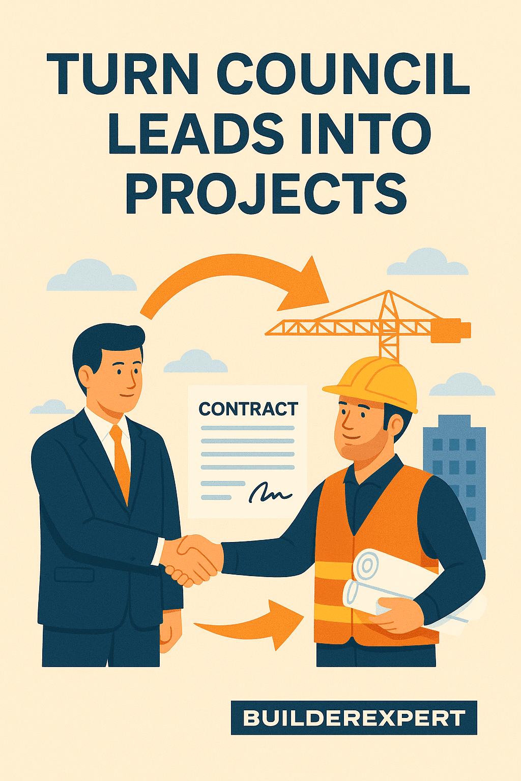 How to Turn Council Leads Into Projects 1 Flat-style illustration with the title 'Turn Council Leads into Projects.' A businessman and a construction worker shake hands in front of a contract, with arrows, a crane, and city buildings in the background, representing BuilderExpert’s new feature.