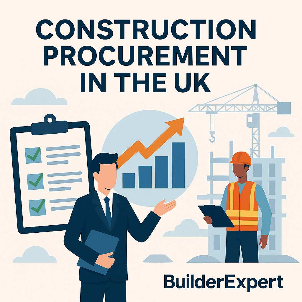 Flat-style illustration showing construction procurement UK, with a project manager reviewing contracts, a builder on-site, a checklist, and supply chain graphics to symbolize efficient procurement in building projects.