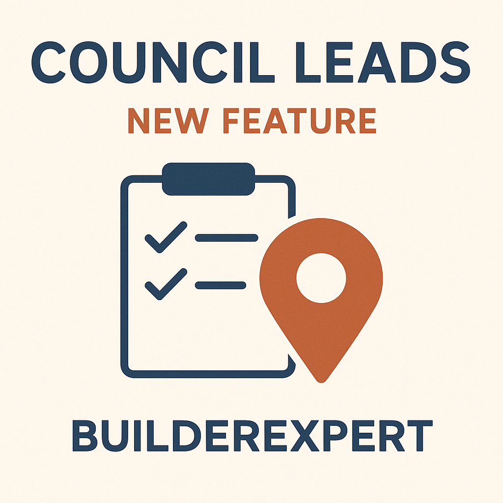 Promotional graphic for BuilderExpert’s new feature 'Council Leads,' showing bold navy text, an orange 'NEW FEATURE' label, and icons of a clipboard with checkmarks and a location pin