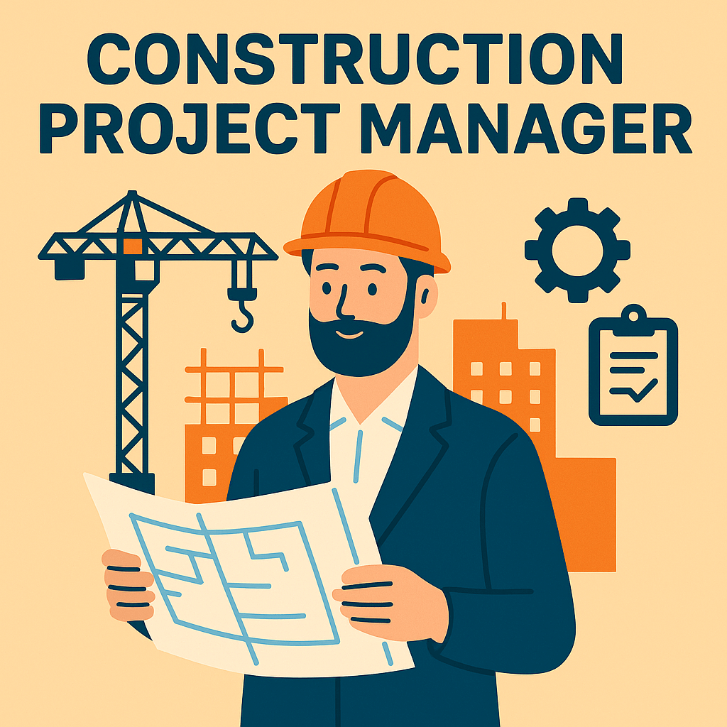 Flat-style illustration showing a construction project manager wearing a helmet and holding blueprints and a tablet, overseeing builders and cranes to represent leadership and organisation on-site.