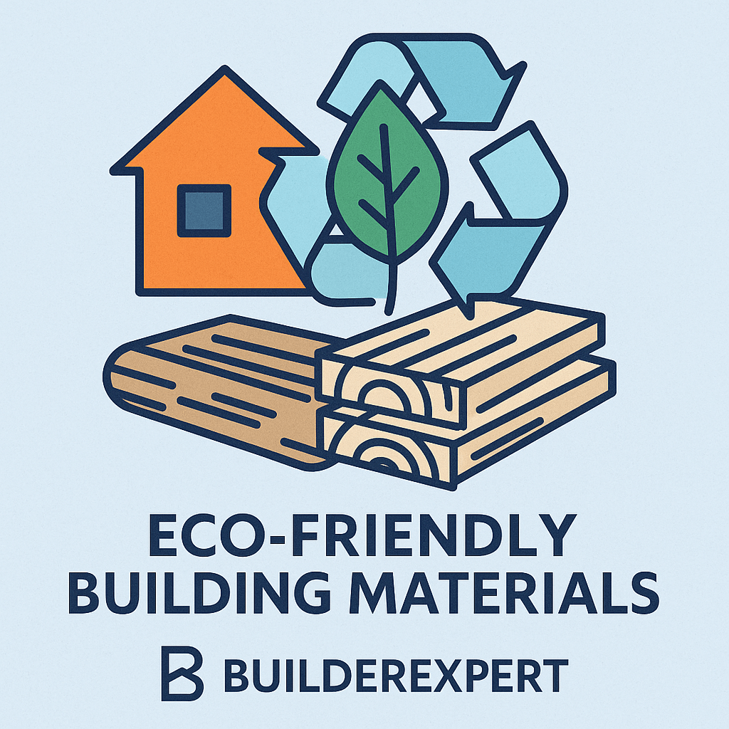 Flat-style illustration showing eco-friendly building materials, including bamboo, recycled steel, and sustainable wood, with green icons like leaves, recycling symbols, and energy-efficient buildings.