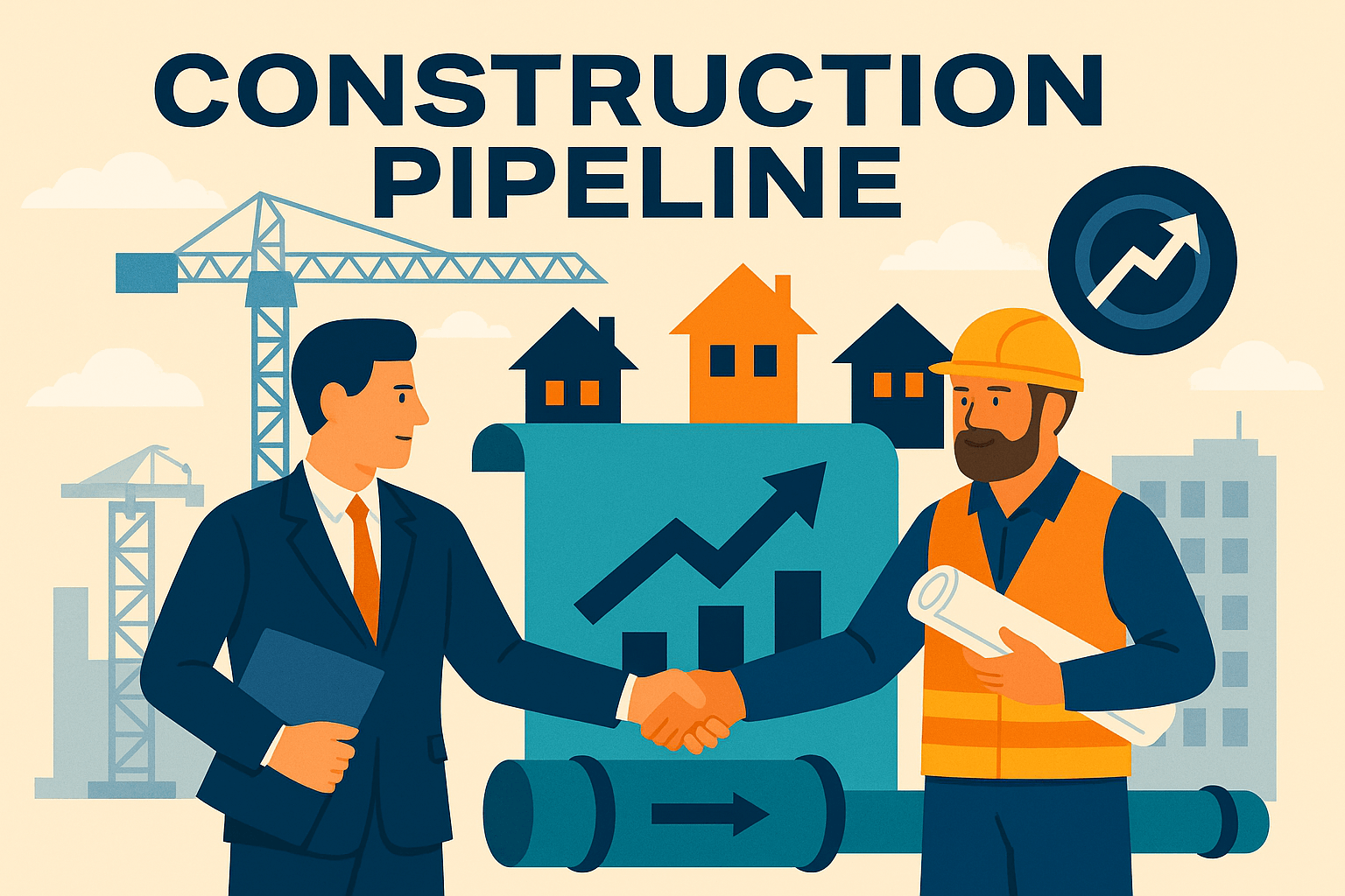 Flat-style illustration with the title 'Construction Pipeline.' A business professional and a construction worker shake hands in front of a pipeline with growth charts, houses, cranes, and city buildings in the background, symbolizing steady construction opportunities.