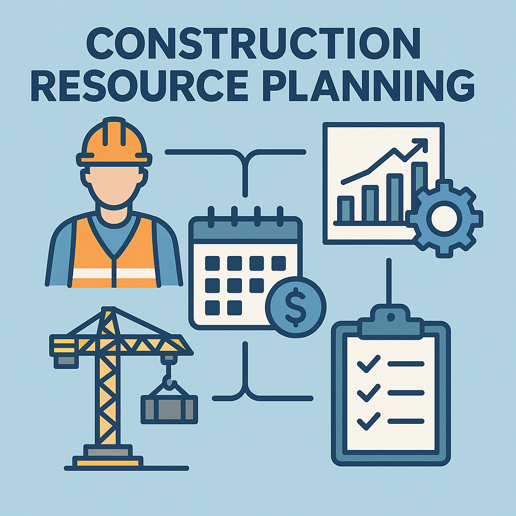 Infographic on construction resource planning with icons of a worker, crane, calendar, checklist, and growth chart