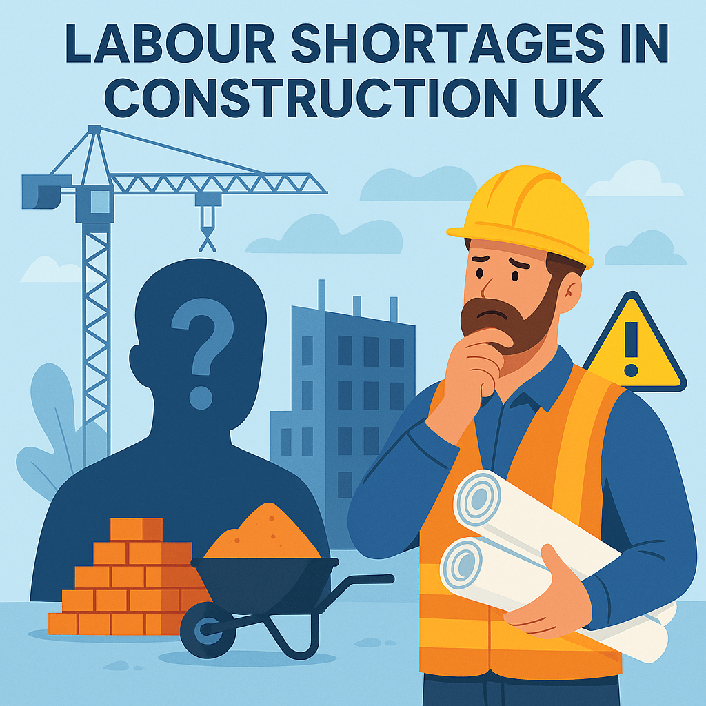 Flat-style illustration showing labour shortages in construction UK, with a construction site having limited workers, empty tools, and unfinished tasks to highlight the workforce gap.
