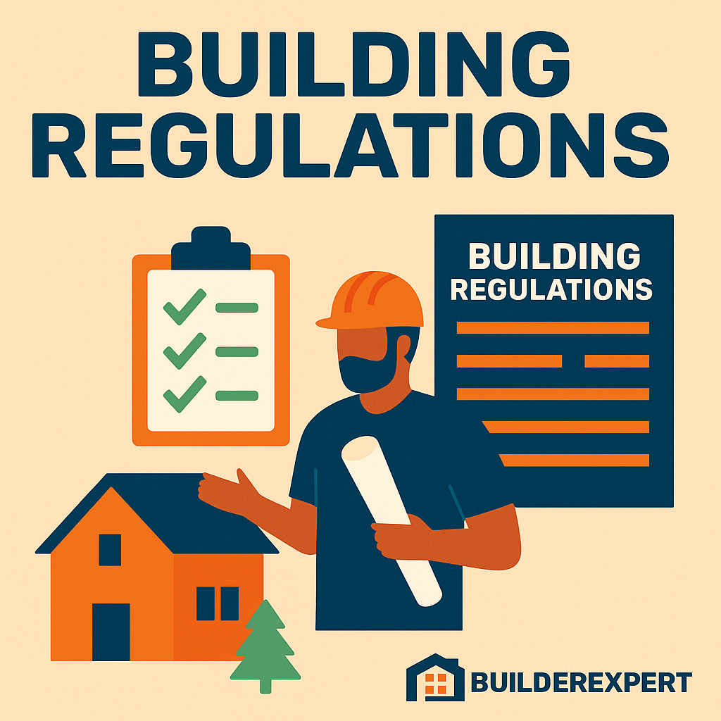 Building Regulations UK: What Every Builder Needs to Know 1 Illustration showing building regulations, with architects and builders reviewing blueprints, compliance documents, and checklists to ensure UK construction standards are met.