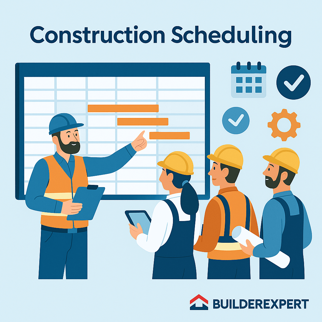 Flat-style illustration showing construction scheduling, with a project manager reviewing a large calendar and timeline charts while coordinating with workers and equipment on-site.