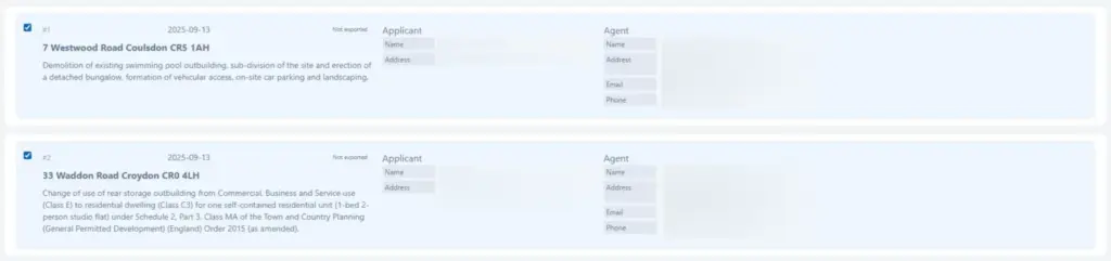 BuilderExpert Council Leads preview showing detailed planning leads, including project addresses, applicant details, and agent contact information with email and phone.