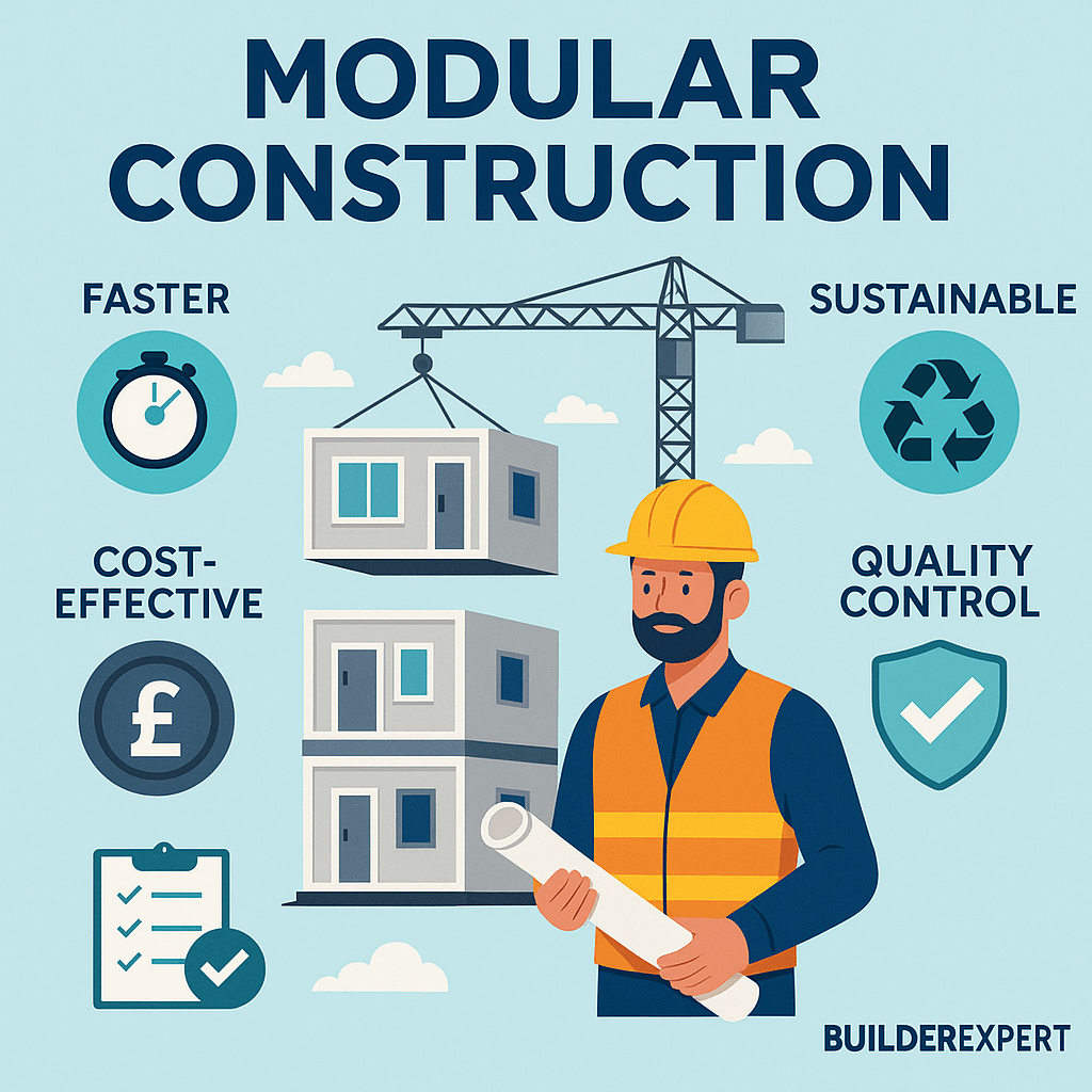 The Future of Modular Construction in the UK. 1 Flat-style illustration showing modular construction, with prefabricated building units being lifted by cranes and assembled on-site by workers to highlight efficiency and innovation.
