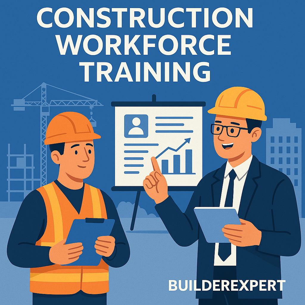 Flat-style illustration showing construction workforce training, with builders wearing safety helmets attending a training session featuring charts, safety symbols, and digital tablets to highlight skills development in the UK construction industry.