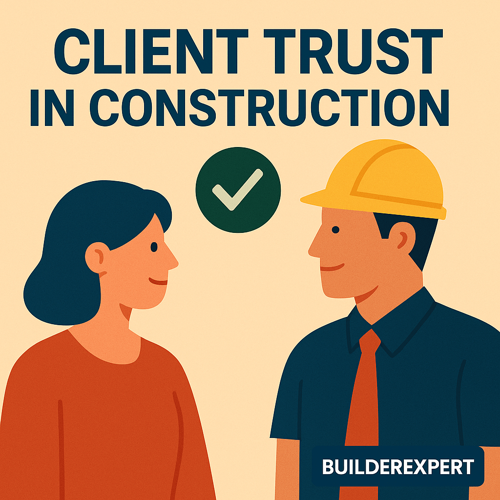 How to Build Client Trust in Construction Projects 1 Flat-style illustration showing client trust in construction, with a builder shaking hands with a client in front of a building site, documents, and a completed home to represent professionalism and reliability.