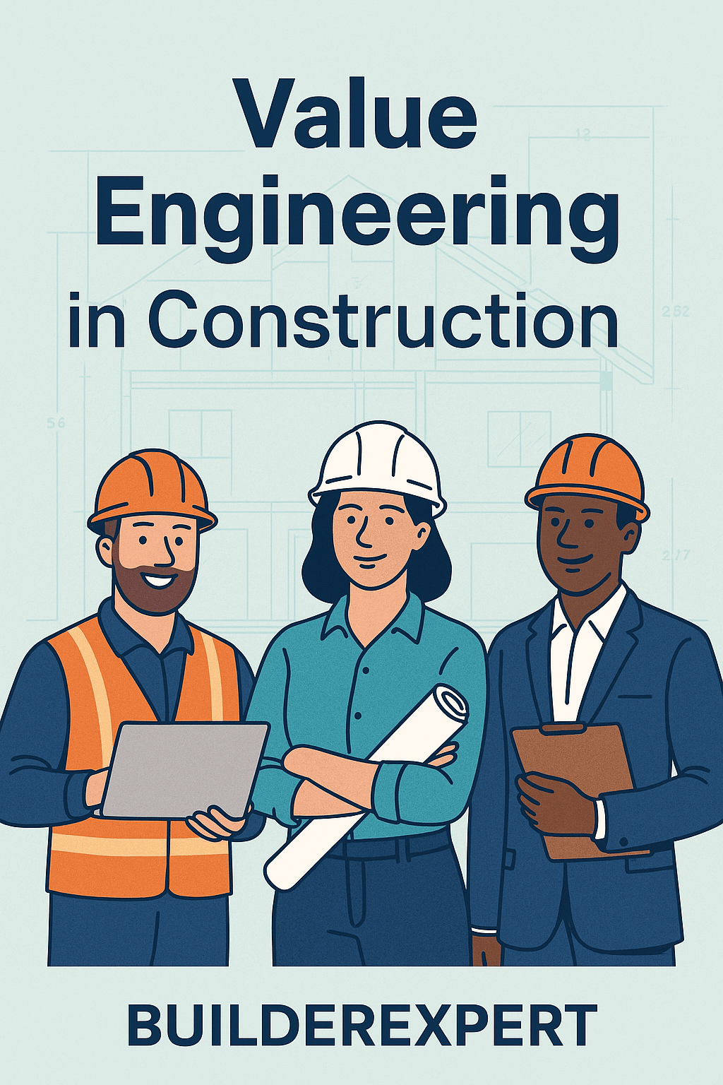 Flat-style illustration titled “Value Engineering in Construction,” showing builders and engineers reviewing blueprints, cost charts, and materials to highlight balancing cost savings with quality in building projects.