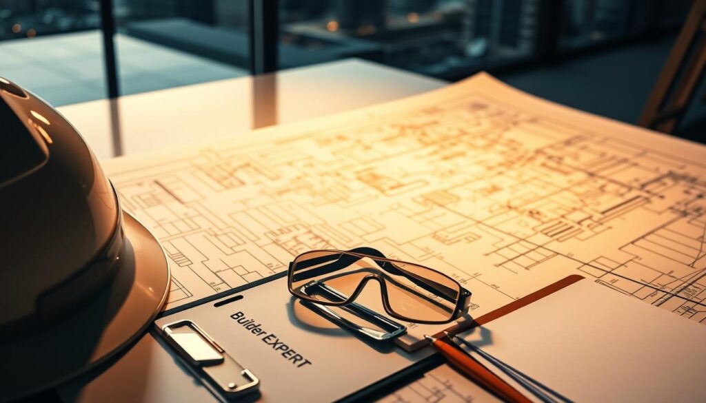 A detailed architectural blueprint unfolds on a drafting table, illuminated by a warm, focused light. Intricate schematics and technical annotations cover the surface, conveying the complex planning required for a construction project. In the foreground, a hardhat, safety goggles, and a clipboard with papers symbolize the preliminary stage of construction, where Builder Expert professionals analyze and strategize. The background features a blurred city skyline, hinting at the broader context and scale of the undertaking. The scene exudes a sense of organized preparation, technical precision, and the anticipation of bringing a construction vision to life. A detailed architectural blueprint unfolds on a drafting table, illuminated by a warm, focused light. Intricate schematics and technical annotations cover the surface, conveying the complex planning required for a construction project. In the foreground, a hardhat, safety goggles, and a clipboard with papers symbolize the preliminary stage of construction, where Builder Expert professionals analyze and strategize. The background features a blurred city skyline, hinting at the broader context and scale of the undertaking. The scene exudes a sense of organized preparation, technical precision, and the anticipation of bringing a construction vision to life.